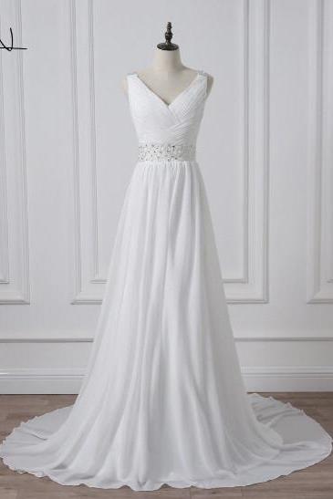 Stock Wedding Dresses V-neck Sleeveless Long Beaded Chiffon Bridal Gown